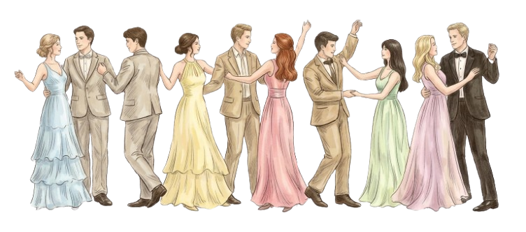 Ilustración de invitados con vestidos largos y trajes formales